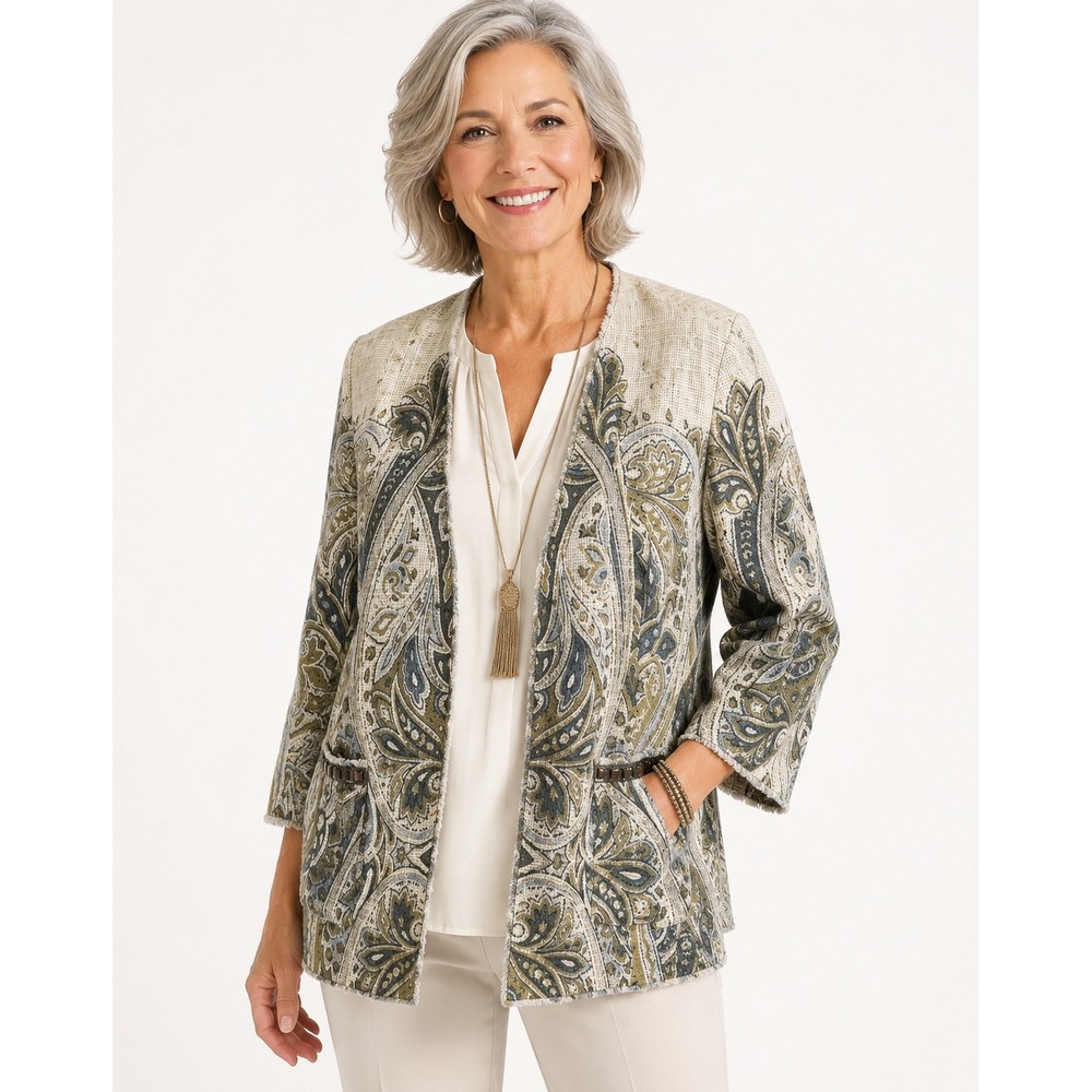 Chicos Paisley Open‎ Front Jacket Green Blue Cotton Textured Beaded Size 3 XL 16